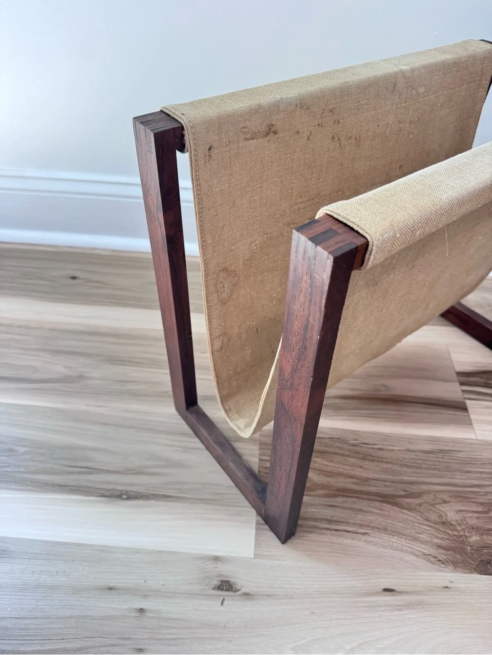 Vintage Mid Century Wooden Magazine Rack Canvas Sling Holder MCM 1960s Decor